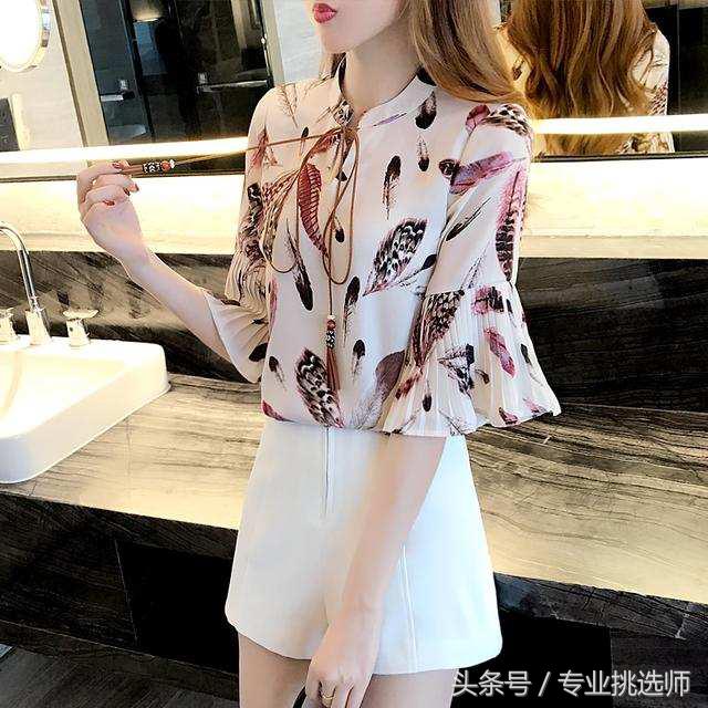 长袖雪纺衫上衣碎花时尚荷叶边,方领碎花雪纺衫荷叶边绑带短袖