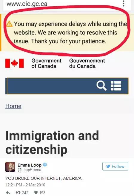 美国人疯了。。直接把加拿大移民局官网搞瘫痪！