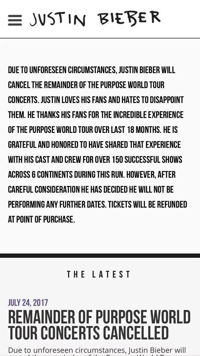 震惊官方回应因为未预见的情况贾斯丁比伯取消了PurposeTour.接下来的巡演