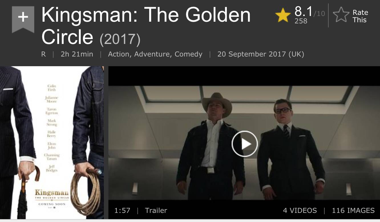 《王牌特工2》内地定档10月20日烂番茄59%预期值要降低!