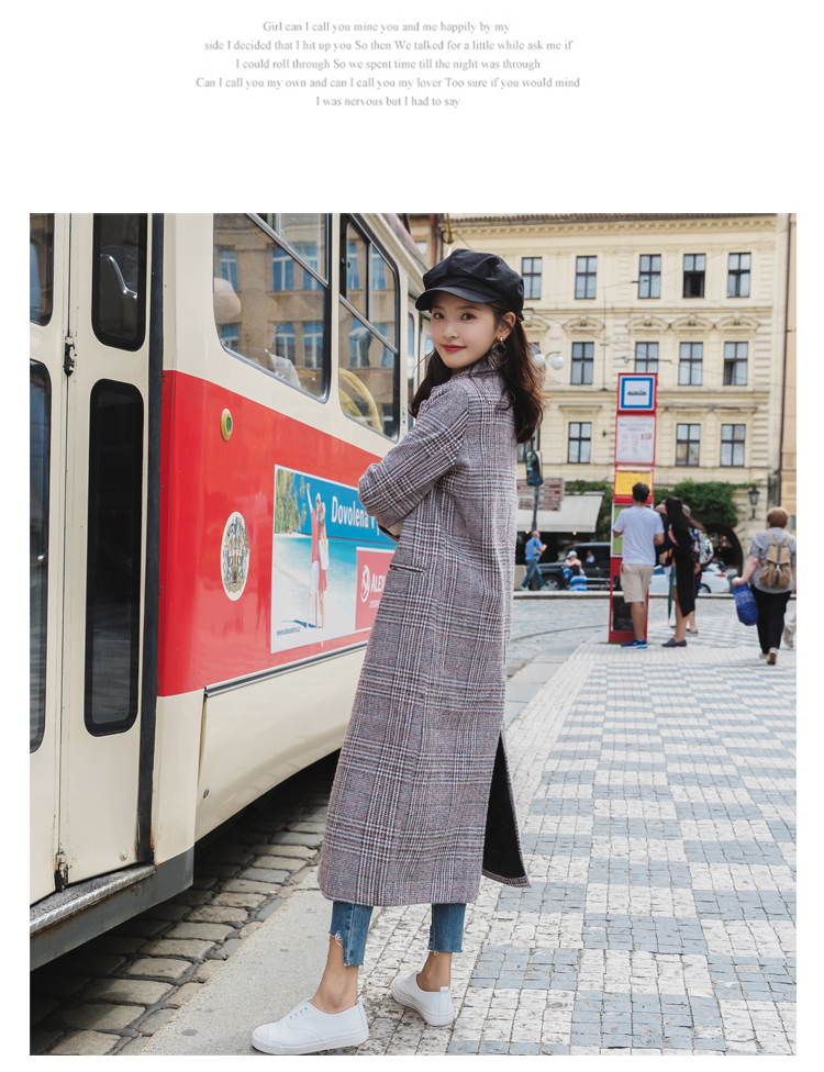 长款毛呢女外套，千鸟格加厚呢子大衣