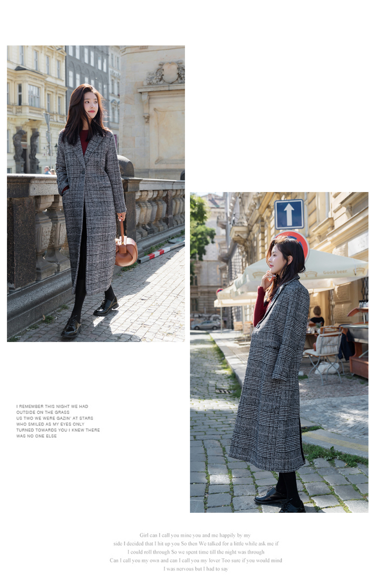 长款毛呢女外套，千鸟格加厚呢子大衣