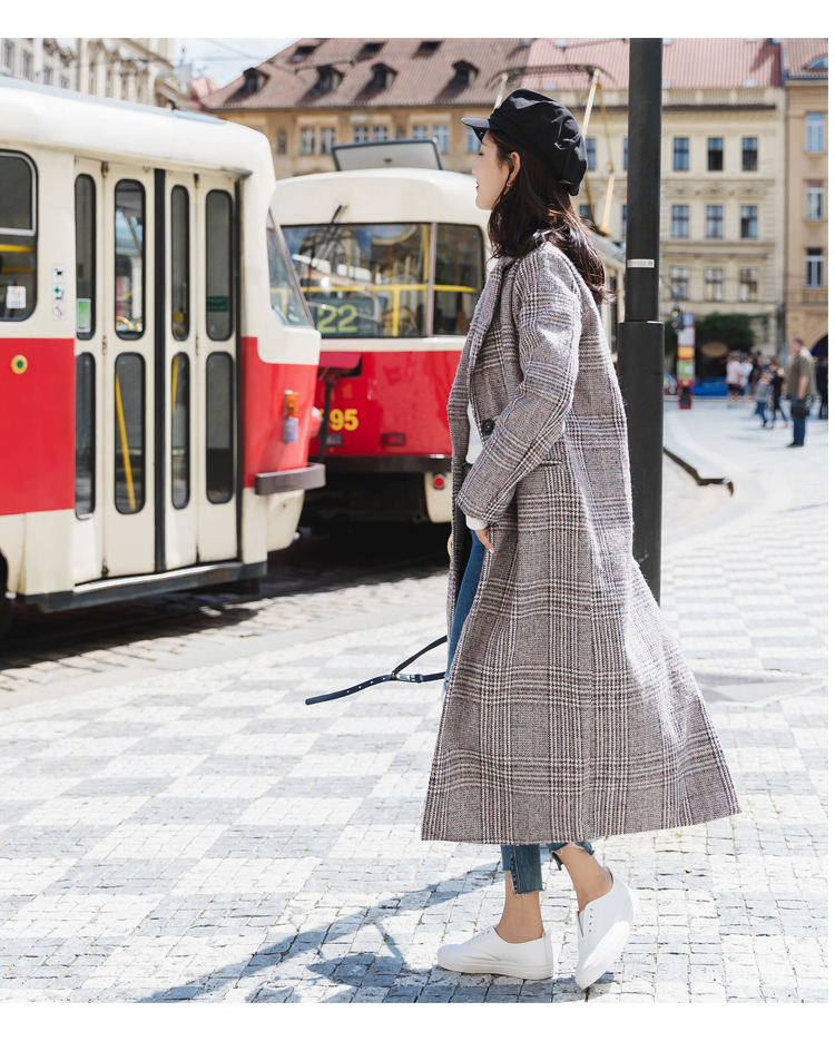 长款毛呢女外套，千鸟格加厚呢子大衣