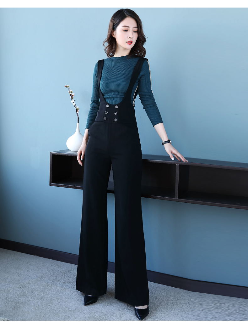 黑色背带裤女长裤大码2018春季新款修身显瘦宽松高腰阔腿裤