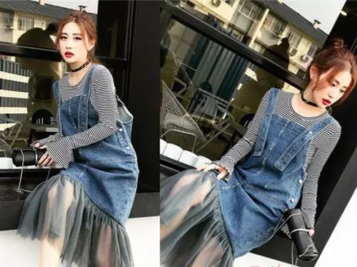 背带牛仔裙中长款文艺范儿,新款韩版牛仔宽松背带裙女款