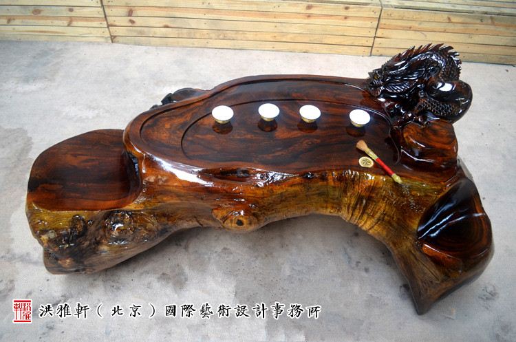 鸡翅木根雕茶台翻新完工,实木树根雕茶几