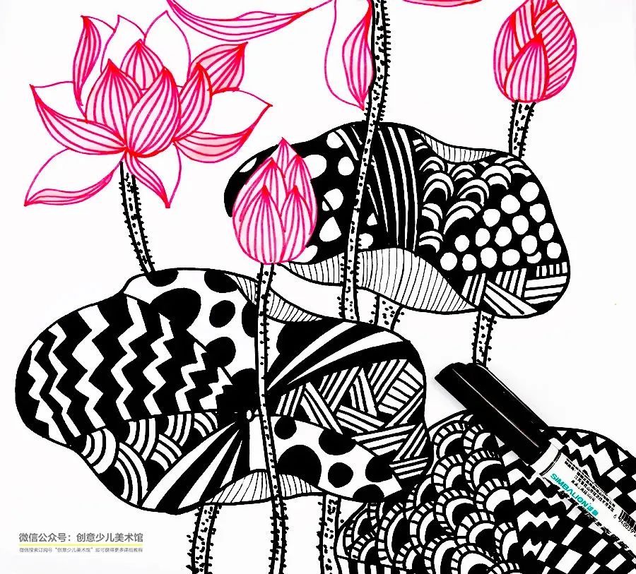 画一幅夏天的荷花画,儿童画夏天的风景画荷花