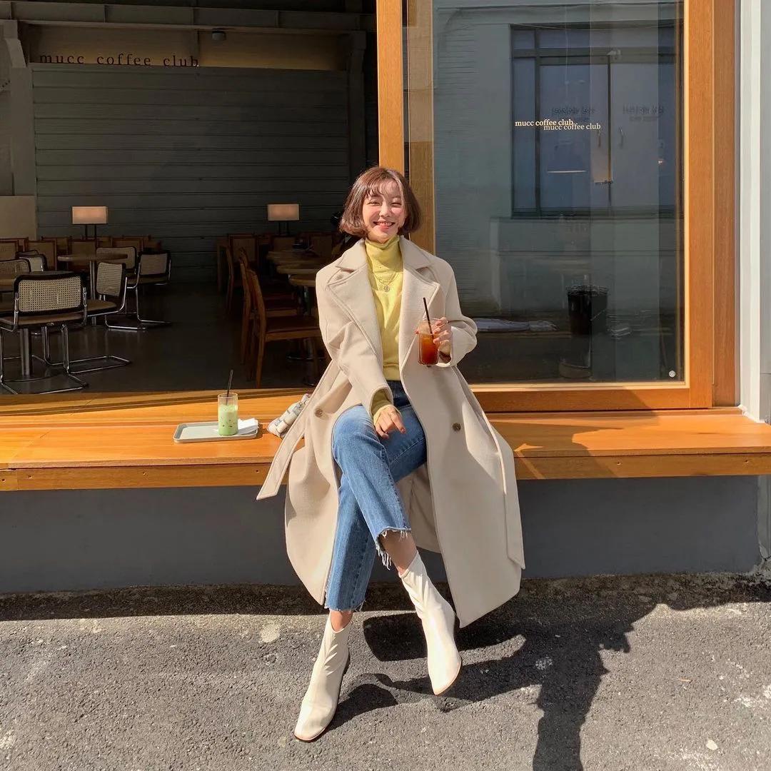 冬款大衣搭配连帽毛衣,大衣内搭毛衣裙冬中长款