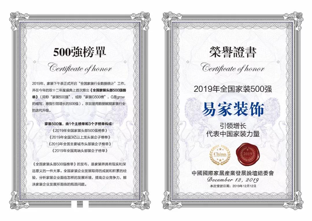 台州易家装饰的口碑怎么样,荣耀入选中国企业500强