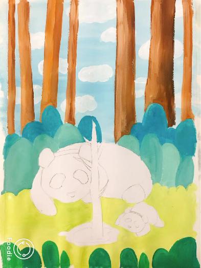 小熊美术水粉创意画,熊猫水粉画儿童画