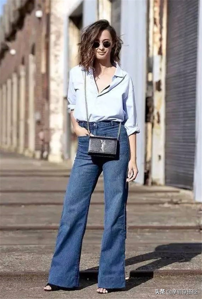 高腰牛仔阔腿裤搭配让土气变洋气,牛仔阔腿裤春季搭配