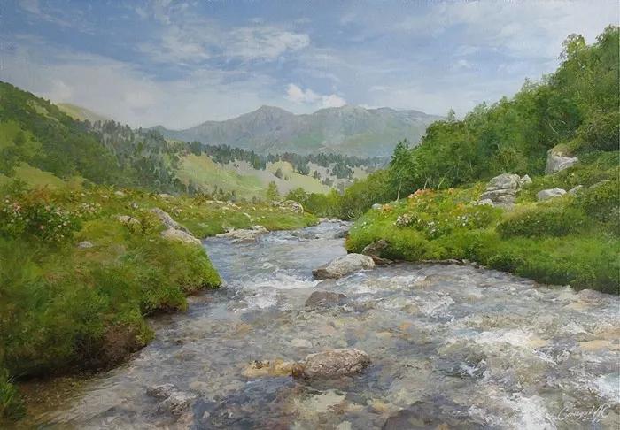 俄罗斯艺术家AydemirSaidov的人体绘画,花间的美丽少女