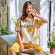 纯棉短袖七分裤女式睡衣,圆领短袖睡衣七分裤