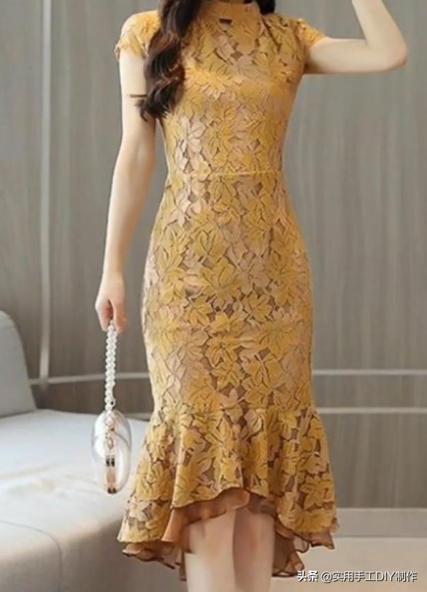 蕾丝镂空花连衣裙制作款式,钩花镂空蕾丝拼接连衣裙