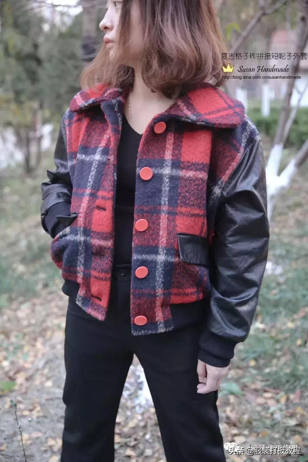 pu拼接呢外套,呢子拼接短款裁剪视频