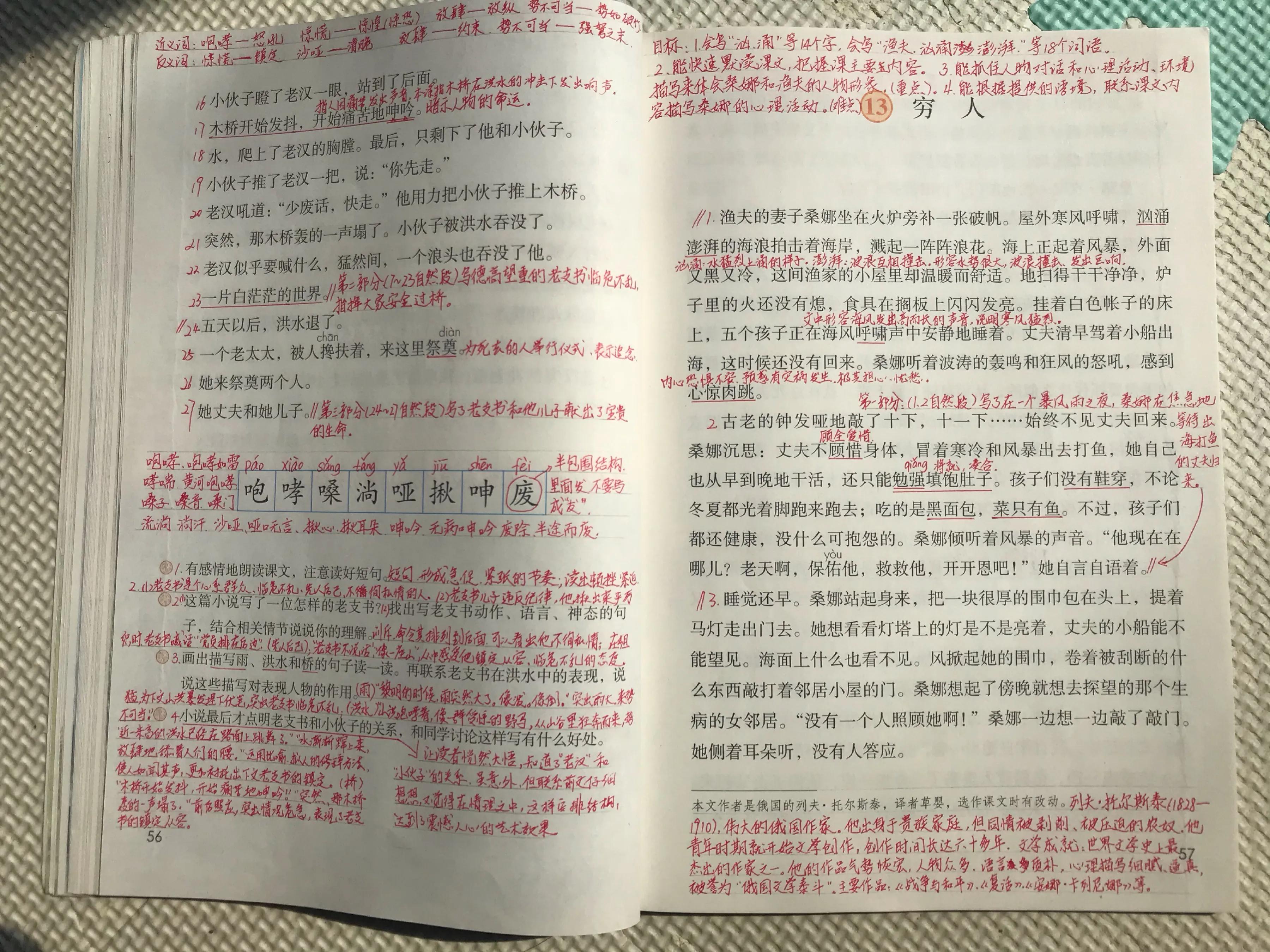 六年《穷人》，看资深教师手写笔记，帮助学生学习语文