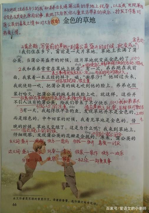 三年级上册语文金色的草地主题,三年级上册语文金色的草地手稿