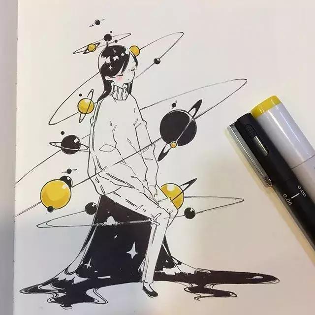 日本小姐姐画画素描,日本小姐姐一组插画