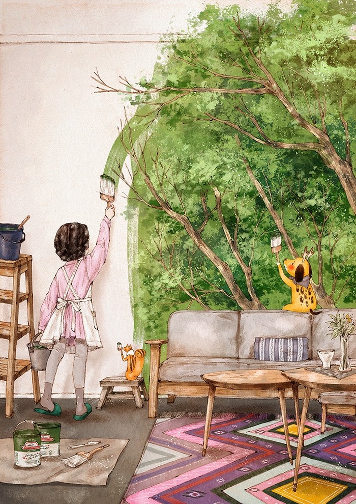 韩国森林女孩冬季插画 (手绘插画森林少女背影图片)