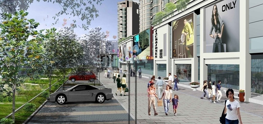 商场建筑外观效果图,三层框架式商场外观图