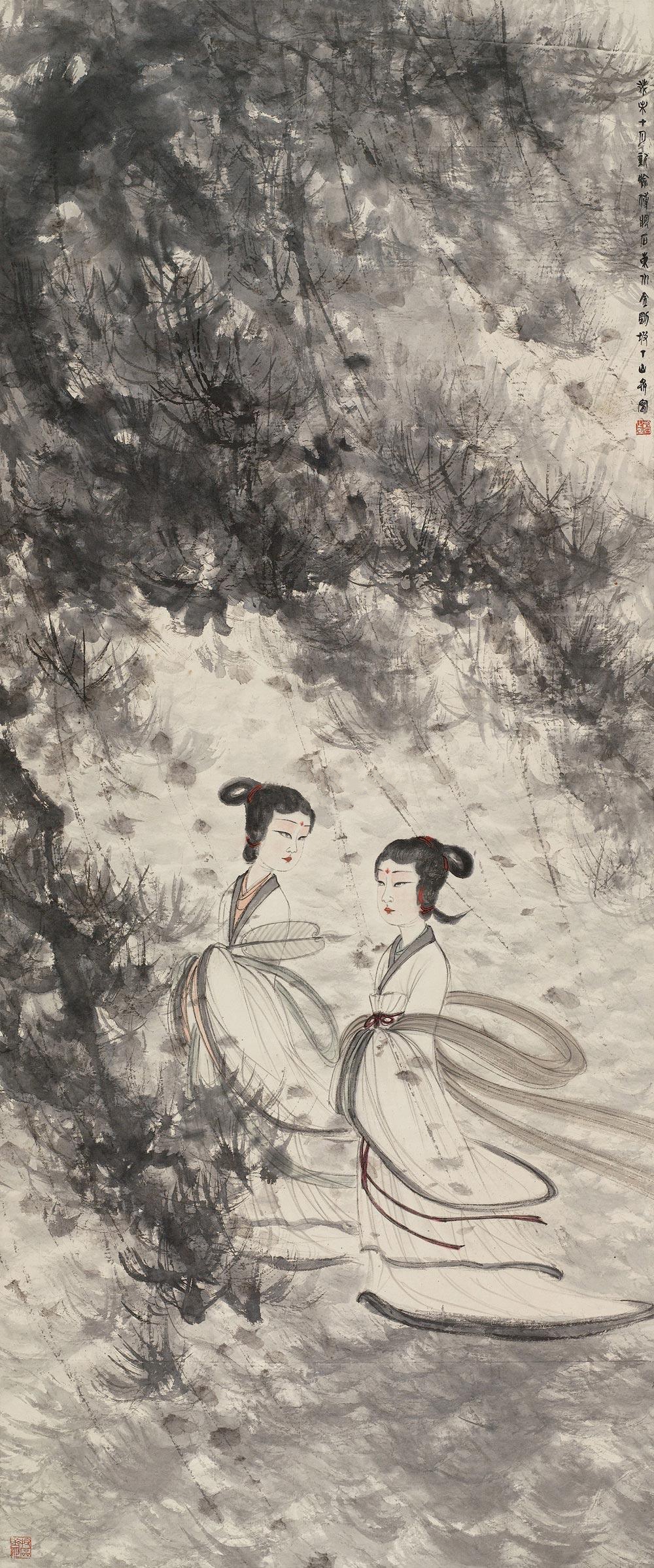 傅抱石创作国画天女散花图,傅抱石的国画作品《一望大江开》