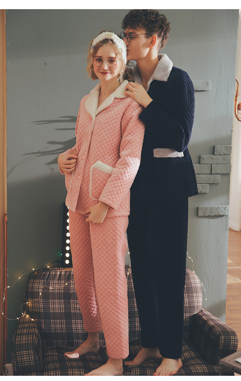 情侣睡衣秋冬珊瑚绒夹棉套装韩版家居服男纯棉长袖100%全棉加厚女