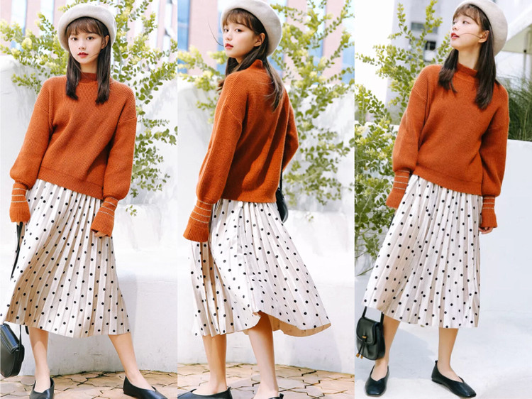 灰色毛衣白色半身长裙,毛衣半身长裙搭配