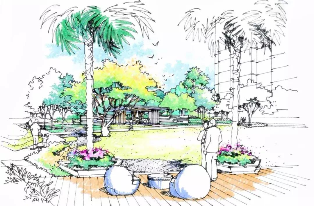 手绘效果图设计详解,干货五幅景观手绘效果图步骤图解