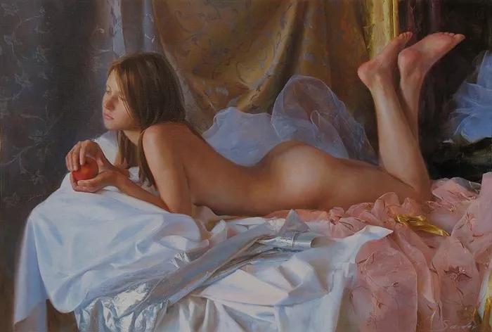 俄罗斯艺术家AydemirSaidov的人体绘画,花间的美丽少女