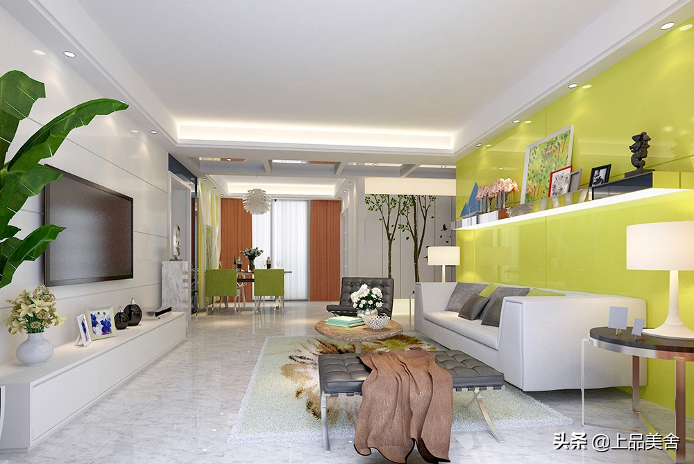 小户型客厅沙发绿色背景效果图,现代简约橙色沙发背景效果图