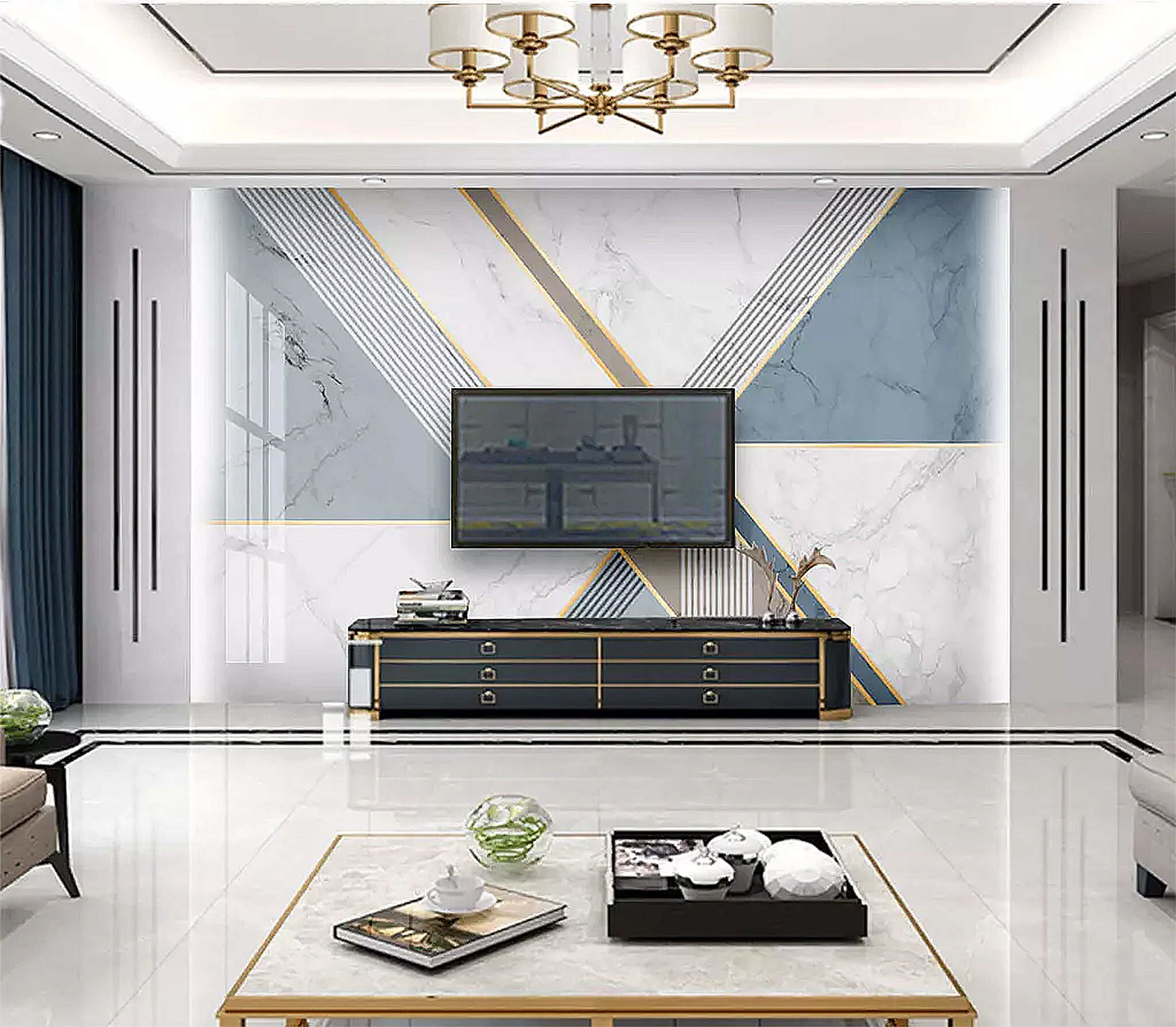 新中式风格瓷砖石材艺术背景墙,大理石瓷砖背景墙效果图