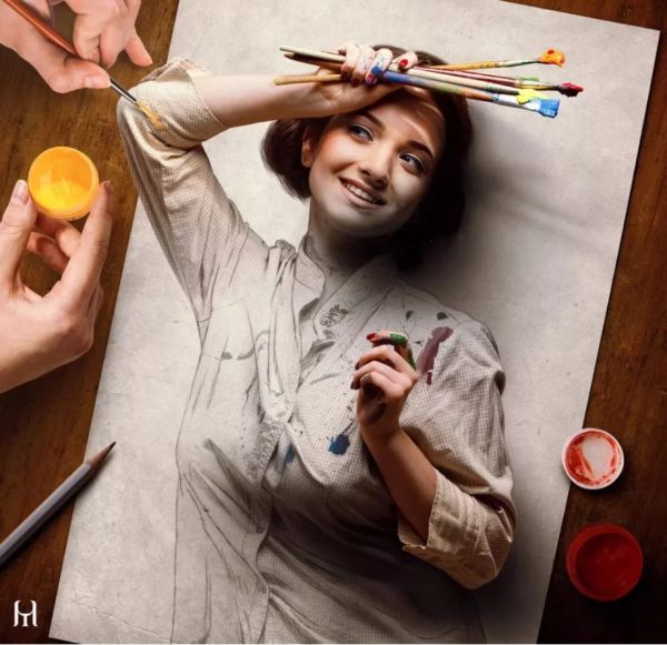 他画了一个3D美人，涂上颜色后，让人不禁赞叹，大呼不可思议。