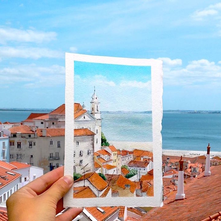 世界水彩画家风景写生,艺术家的画细节