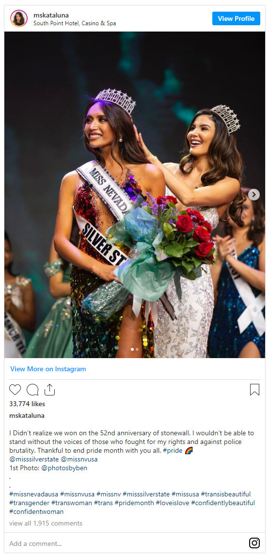 LGBTQ新里程碑！内华达州跨性别佳丽艳冠群芳将角逐美国小姐后冠