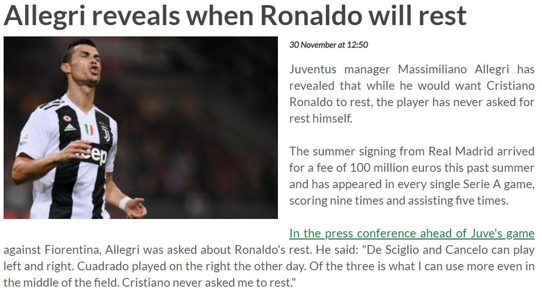 铁人！曝C罗拒绝轮休赛季至今仅休1场无愧出勤王