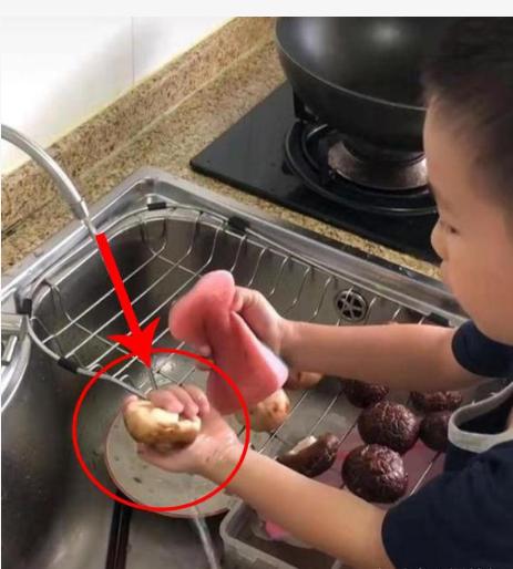 妈妈让儿子帮忙洗香菇，儿子顺便做个“抛光”，妈妈看后哭笑不得