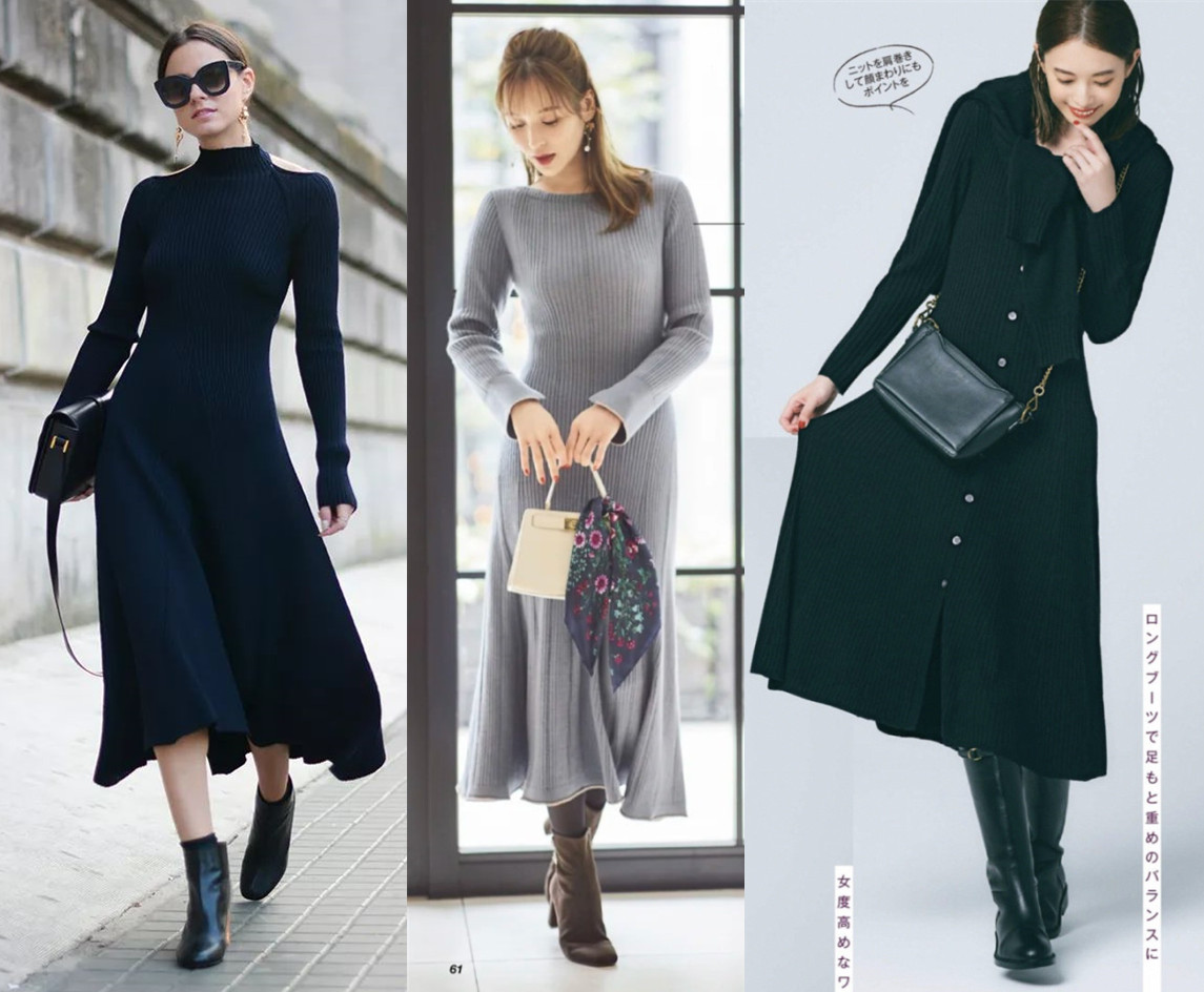 教你一条针织裙如何搭出氛围感,女生针织裙穿搭技巧