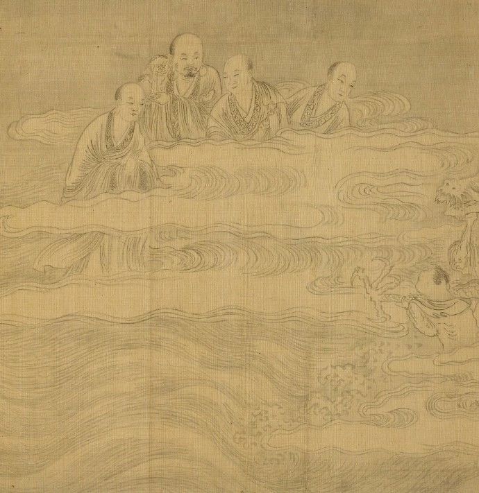 清代仿李公麟的白描长卷十八罗汉图，虽是仿作但还有些原作的风貌