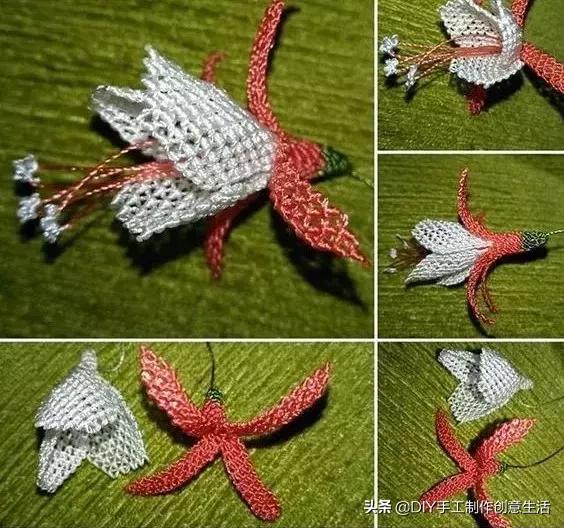 只是用针穿上了线不断绕圈打结,做出来的仿真花竟然比钩的还好看