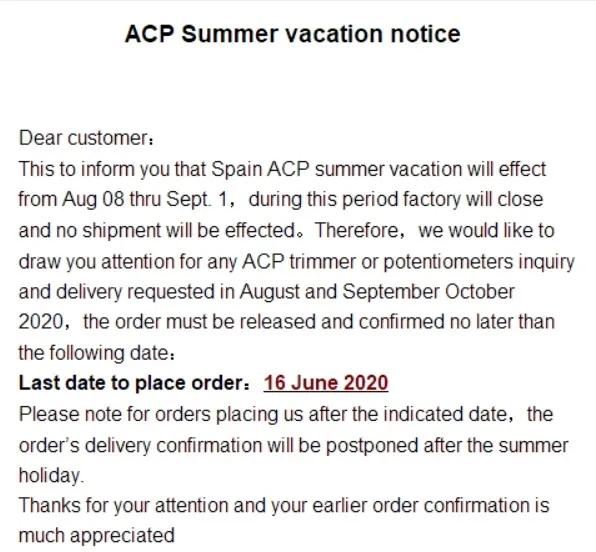 西班牙ACP夏休通知，下单最迟6月16日