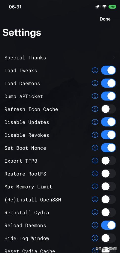 苹果unc0ver越狱工具设置里各项都是什么意思？