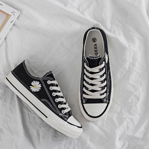 厚底板鞋秋季透气休闲帆布鞋,百搭小雏菊帆布鞋