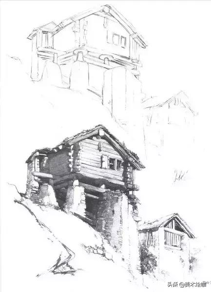 素描风景临摹高清大图简单范本,有山有水有倒影的素描风景图