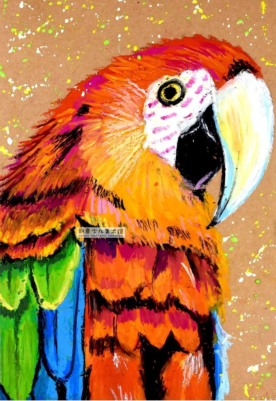 鹦鹉油画棒创意画幼儿,油画棒画动物牡丹鹦鹉教程