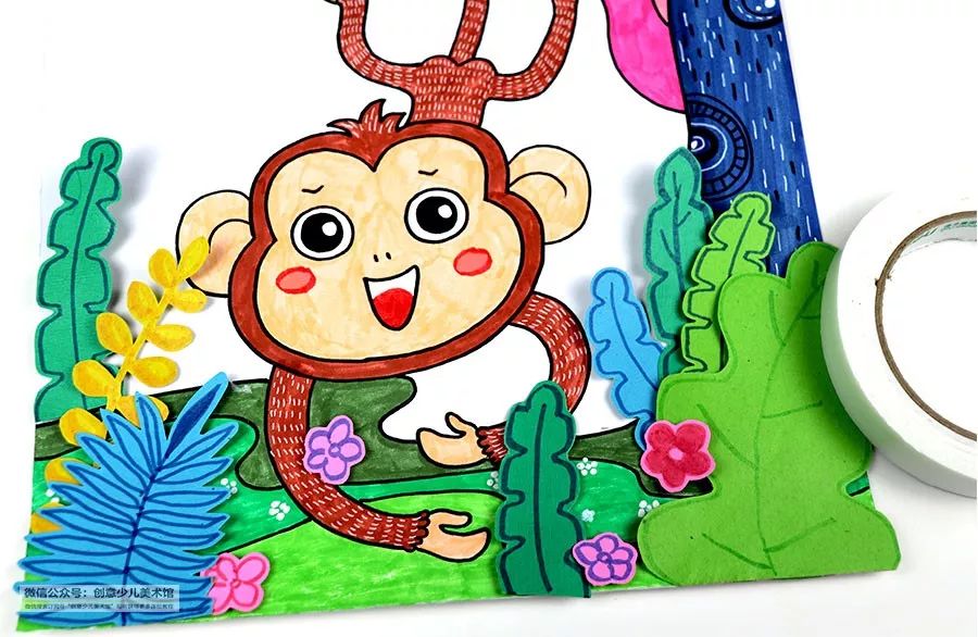 儿童画森林中的大树和猴子,儿童画森林里面的小动物