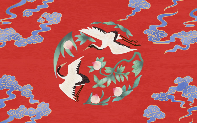 创意新中国风国潮故宫祥云仙白鹤电视背景墙海报展板PSD设计素材