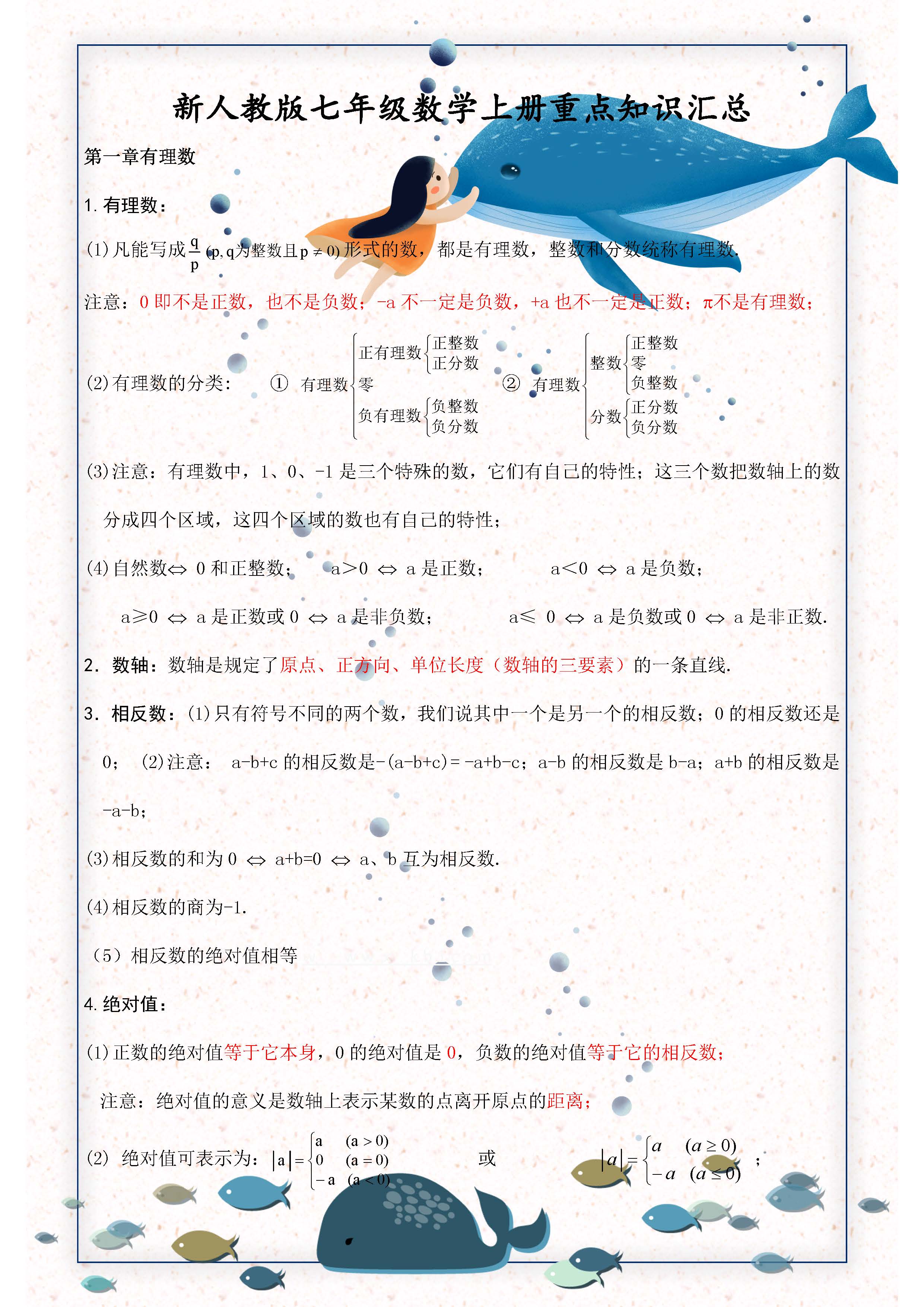 七年级数学上册必背知识点人教版,七年级数学上册人教版知识点总结