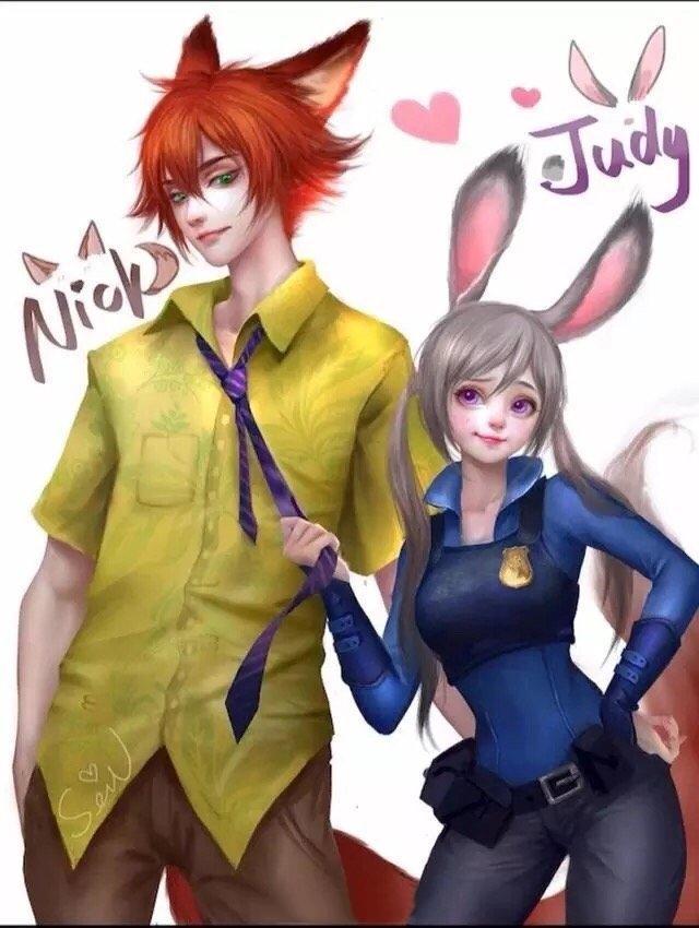 疯狂动物城拟人插画,疯狂动物城狐兔绘画拟人