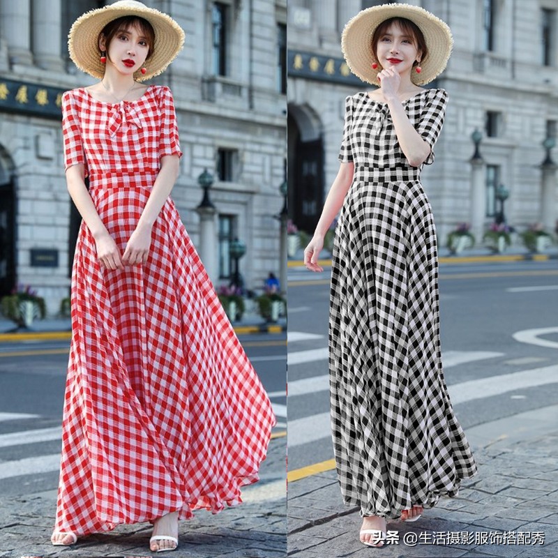 修身雪纺连衣长裙显出身材线条感,文艺范气质连衣长裙收腰显瘦