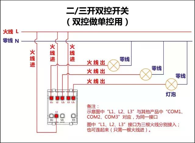 三开双控做单控使用如何接线,单控双控三控接线实物图